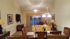 living room with dining room view