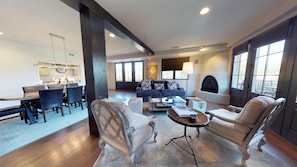 Comfortable living room with gas kiva fireplace