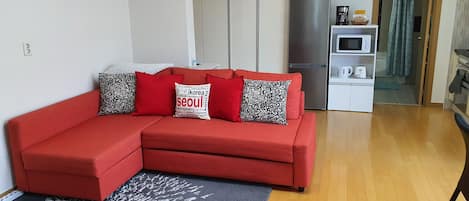 Open concept living Room, with sofabed