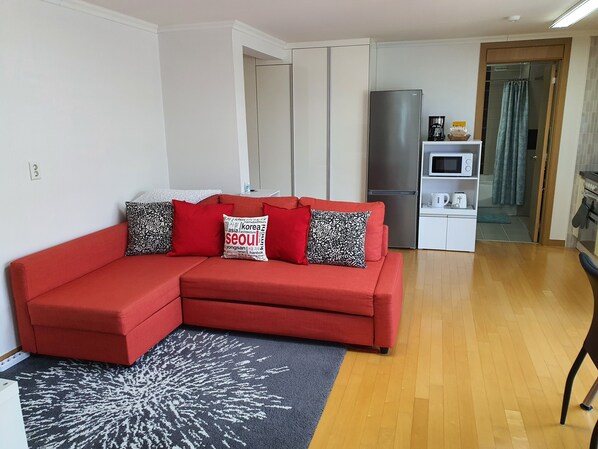 Open concept living Room, with sofabed