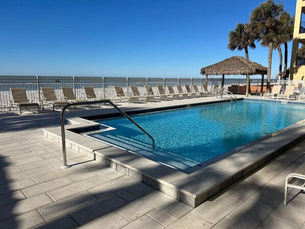 Beautiful resurfaced pool is ready for fun in the sun.