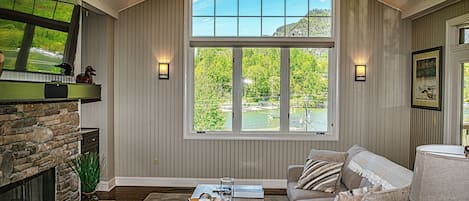 View of Lake Lure and mountains from living room window.