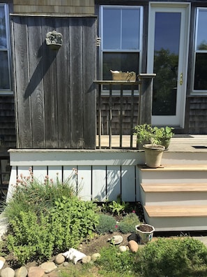 Back deck, herb garden, outdoor shower