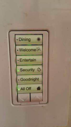 Keypads in this home run scenes so all the lights go to the perfect setting - plus you can raise or lower them all with the up and down arrows. Also comes with a security setting!
