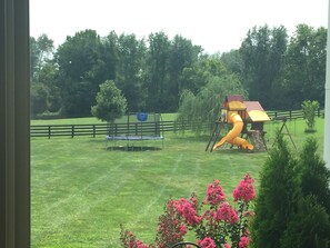   view of 180 acre farm from large back porch with grill, fireplace & sitting