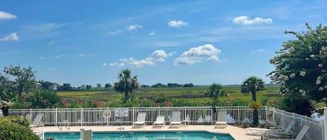 Stunning view of the marsh and pool from the living room and covered porch