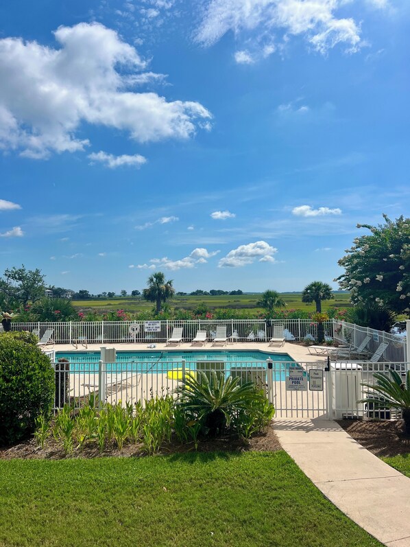 Stunning view of the marsh and pool from the living room and covered porch