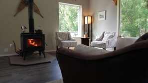 Living room with cozy wood stove 