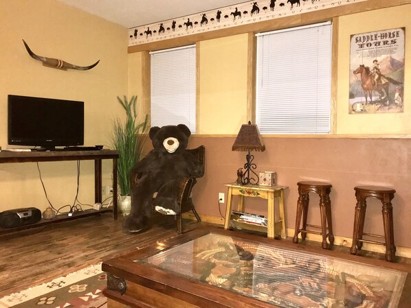 Living room and 6 foot teddy bear 