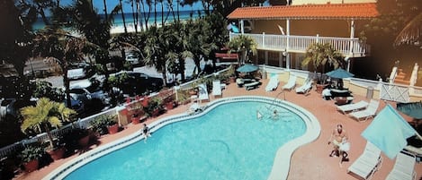Overhead view of the heated pool and Gulf beach across the street.