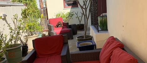 Spacious private back patio with shade and sun options.  Poodle puppy excluded!