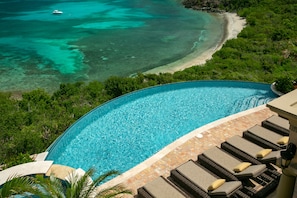 On the rooftop deck, overlooking the infinity pool, hot tub, and Ditleff Beach