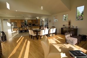 living room, dining room and state of the art kitchen