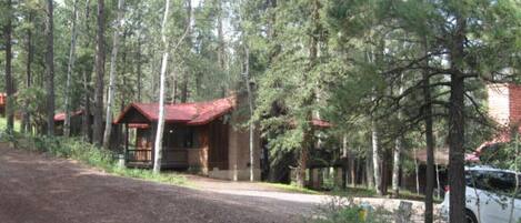 Relax on the deck under the trees.