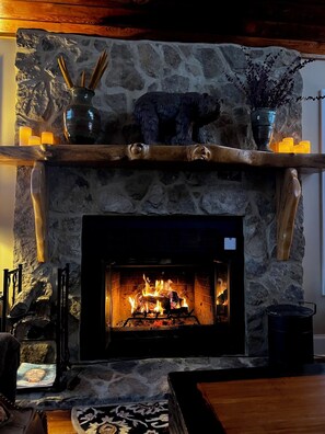 Warm and cozy living room fireplace