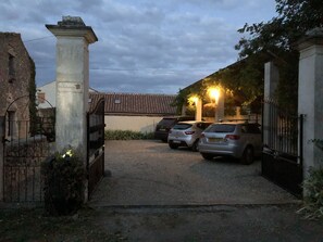 Our main entrance at twilight