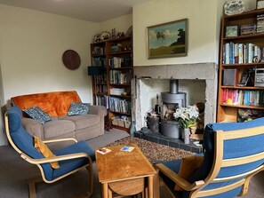 Comfortable living space with wood burning stove and TV