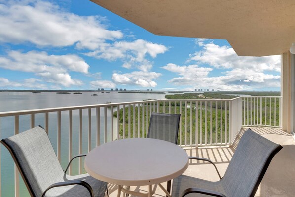 Spend your vacation overlooking the Estero Bay on the extended lanai that runs the full length of the condo, from the living area to the master suite.