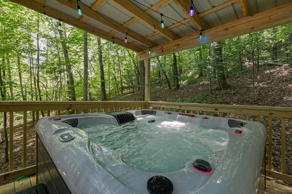 New gazebo with brand new hot tub and string lights