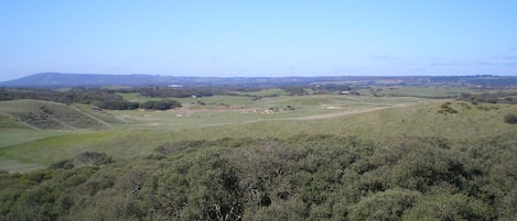 The view from the top deck over golf course and farms to Arthurs seat.