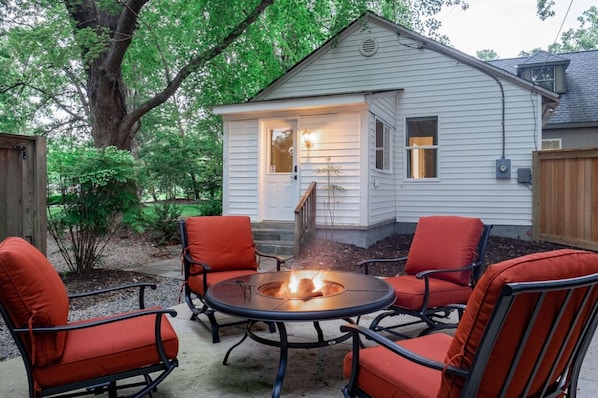 Relax with a fire in the private patio area.