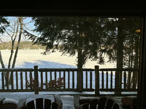 Moose Living Room view of frozen Lake Colby, perfect for ice skating or fishing