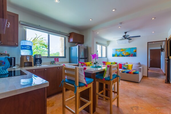 Full view kitchen and living