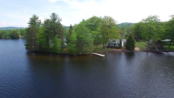 Aerial view of the house and property