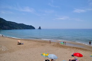 The beach in front of the house to the left