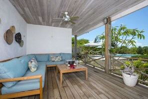 Dining and lounging on covered patio