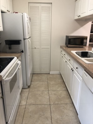 Kitchen with all necessary appliances. Extra in pantry. Microwave, toaster etc.