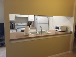 Enjoy delicious Kcup coffee every morning this kitchen with new pots, dishes.
