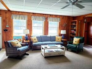 Sunsplashed comfy living room with lake views