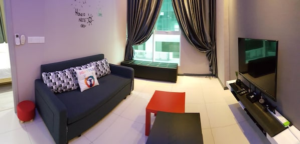 living room with sofa bed