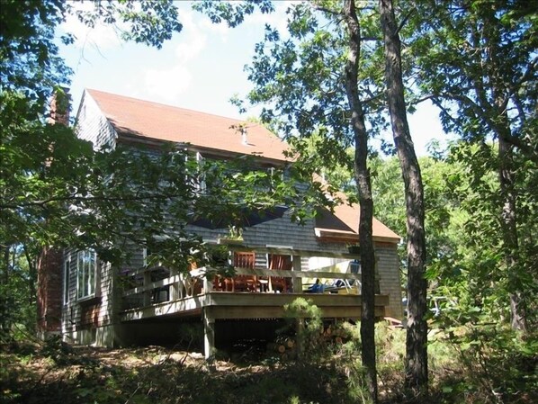 Back of house, private deck &amp; wooded property