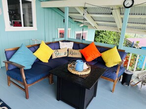 Very comfortable outdoor sectional and fire pit