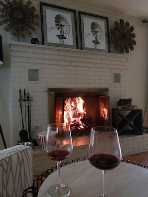 Winter evening fire and wine tasting.