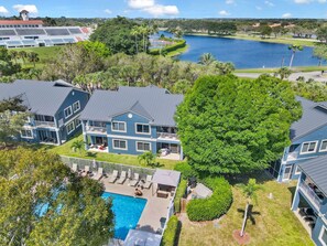 Guests have access to large saltwater heated pool in the community