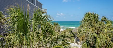 20 steps to beach walkover (see stairs).  View from upper deck.