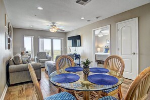 Dining area overlooking living area.