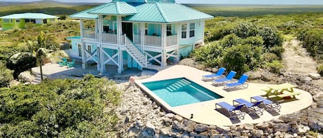 Aerial view with pool.
