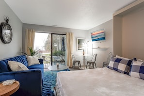 Features a comfy Queen bed and a full-sized futon sofa bed.