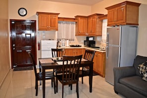 The kitchen and dining room area