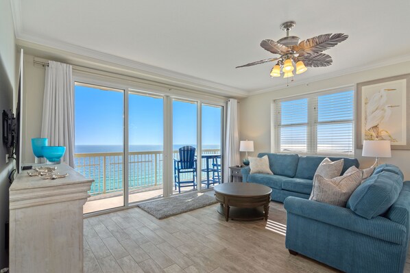 Gulf front view from living room and master bedroom.  Wrap around balcony!