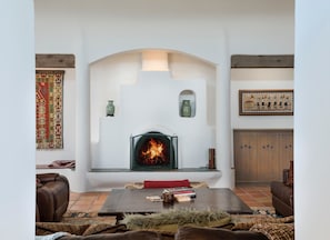 Living room - Beautiful stair step stucco fireplace