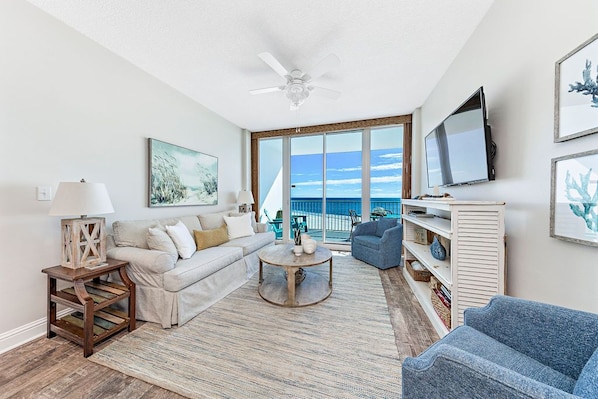 Living room with large balcony. Gorgeous view of the Gulf of Mexico.