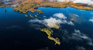 Hondoo Island Cottage at bottom of pic.  Fall Colours on Kawawaymog Lake