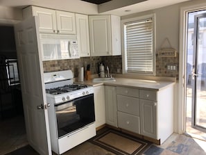 Full kitchen with stove, microwave, fridge and freezer