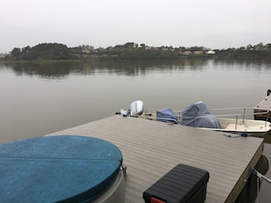 Floating dock with hot tub.