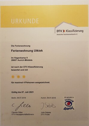 3 Sterne Klassifizierung DTV Ferienwohnung UTKIEK